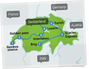 Carte représentant un exemple d'itinéraire en Suisse